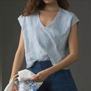By Anthropologie NWT V-neck Short-sleeve Lattice Top Light Blue